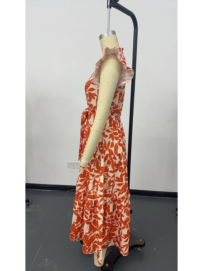 2026 New Summer Fashion Women's Ruffled Flutter Sleeve Lace-Up Printed Fairy Dress