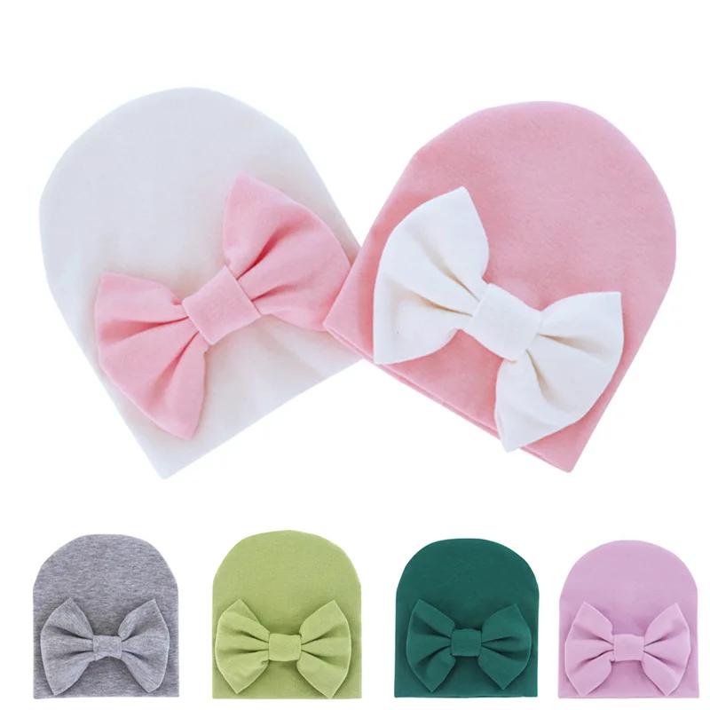 Cotton Solid Bowknot Beanie Newborn Baby Girl Knot Gorras Hat Bebe Bow Bonnet Warm Hat Double Layer Infant Cute Bow-tie Skullcap