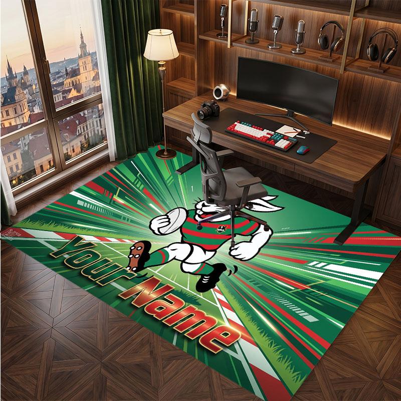 South Sydney Rabbitohs Personalized Crystal Velvet Carpet, Customized Name Text Soft Anti‑Slip Rug for Living Room Bedroom