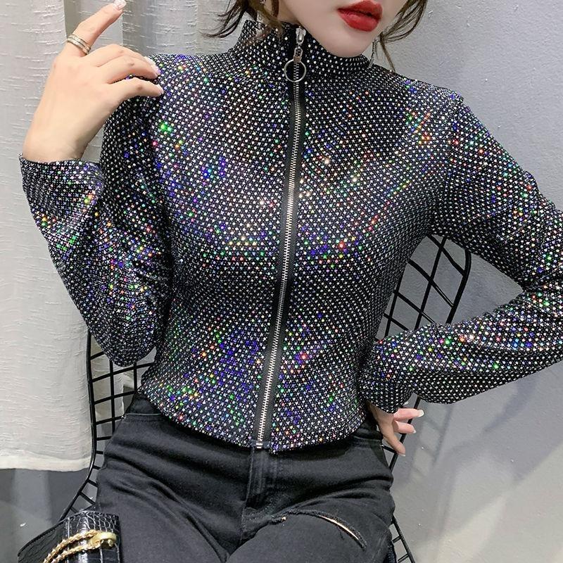 Fashion Glitter Sequined Short Jacket Women Slim Sexy Long Sleeve Zipper Coat Spring Autumn