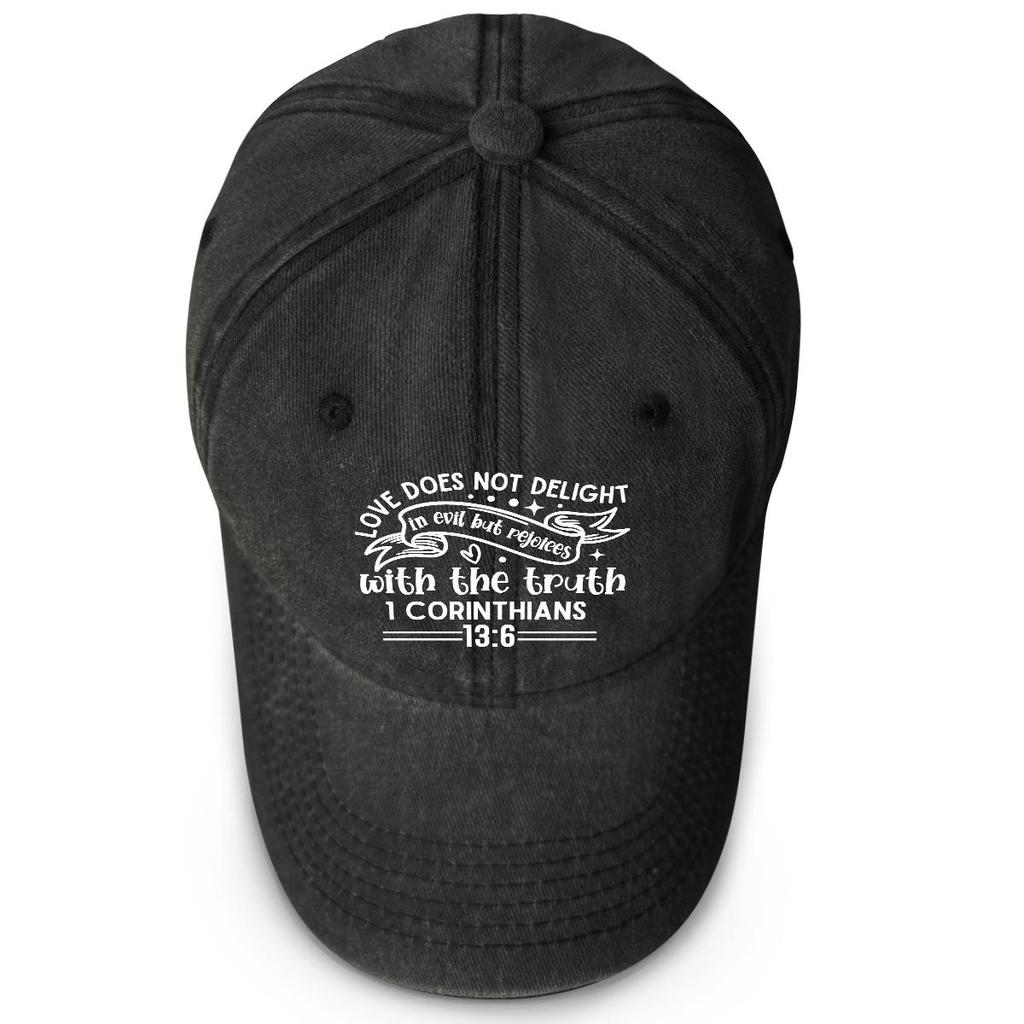Bible Verse Print Snapback Baseball Cap, "LOVE DOES NOT DELIGHT" Dad Hat Summer Retro Vintage-Inspired Sporting Adjustable Baseball Hat