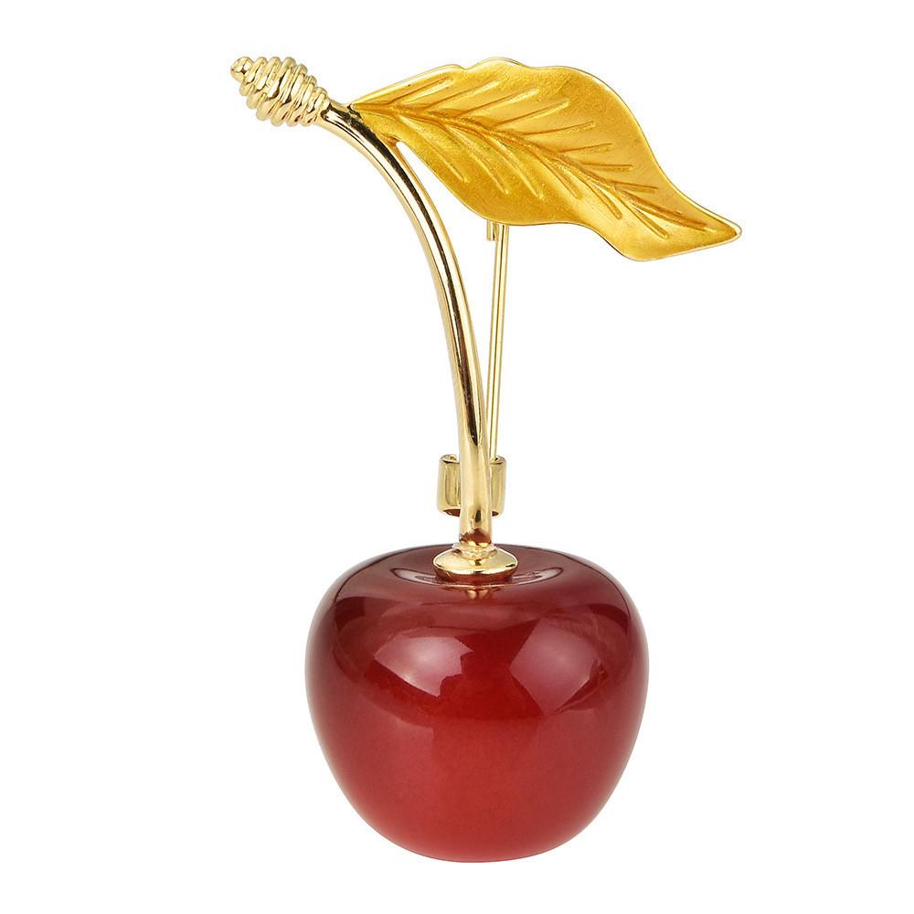 Fruit Cherry Brooch For Women With Artificial Crystal And Goldplated Leaf Design Fashion Accessory