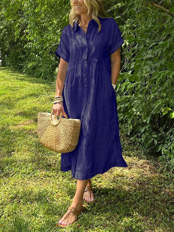 Vestido Camisa de Algodón Lino Rayado Casual de Verano para Mujer Talla Grande 2025