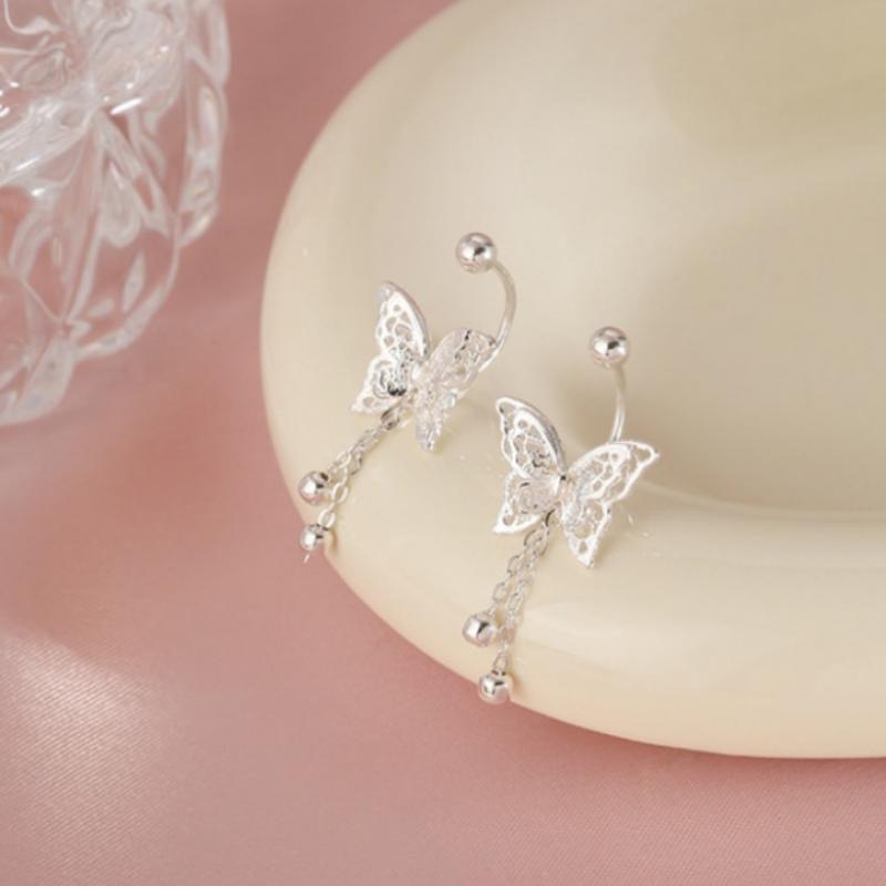Silver Color Hollow Butterfly Tassel Earrings for Women Simple Curved Hook Screw Buckle Earrings Y2K Elegent Jewelry Gift