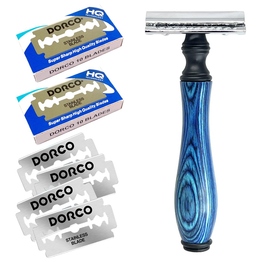 

Kazakiri W Azul Wooden Handle Razor for a Deep Includes 20 Replacement Facial Blue Double-Edged Shave, Blades, Razor, Razor, Men s, синий