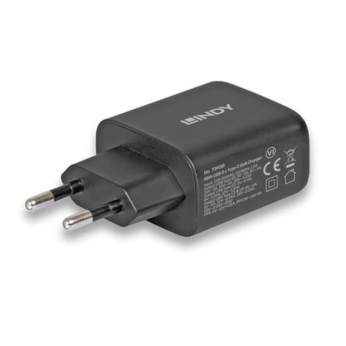 Chargeur USB - Lindy - 65 W - 2 Ports Type C - Technologie GaN - Design Compact