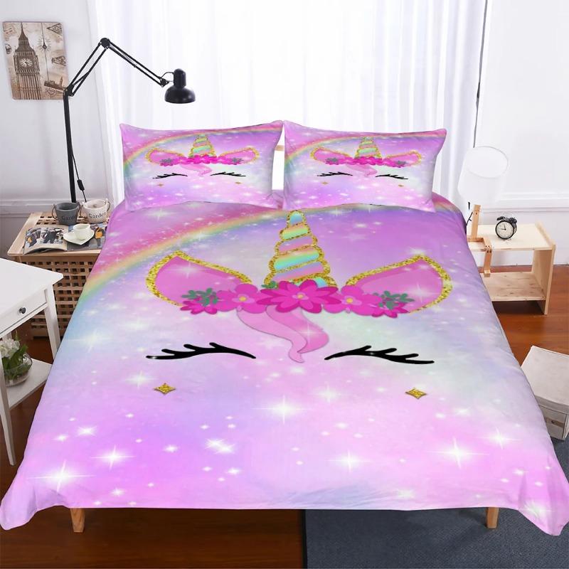 Digital Print Pink Unicorns Bedding Set Princess Duvet Cover Set Pillow Cover Flower Unicorn Cartoon Bed Sets Ropa De Cama Tf85
