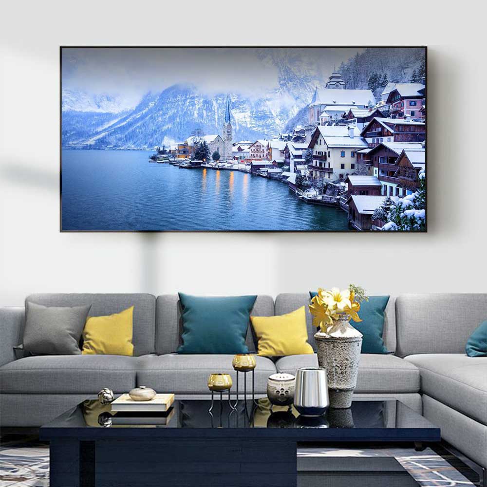 Nordic Landscape Oil Painting Snow Mountain Lakeside Town Art Canvas Painting Living Room Corridor Office Home Decoration Mural No Frame
