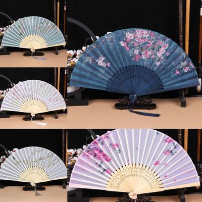 Bamboo Chinese Japanese Folding Fan Silk Vintage Style Folding Fan Hand Fan Tassel Elegent Female Fan Shank Classical Dance Fan