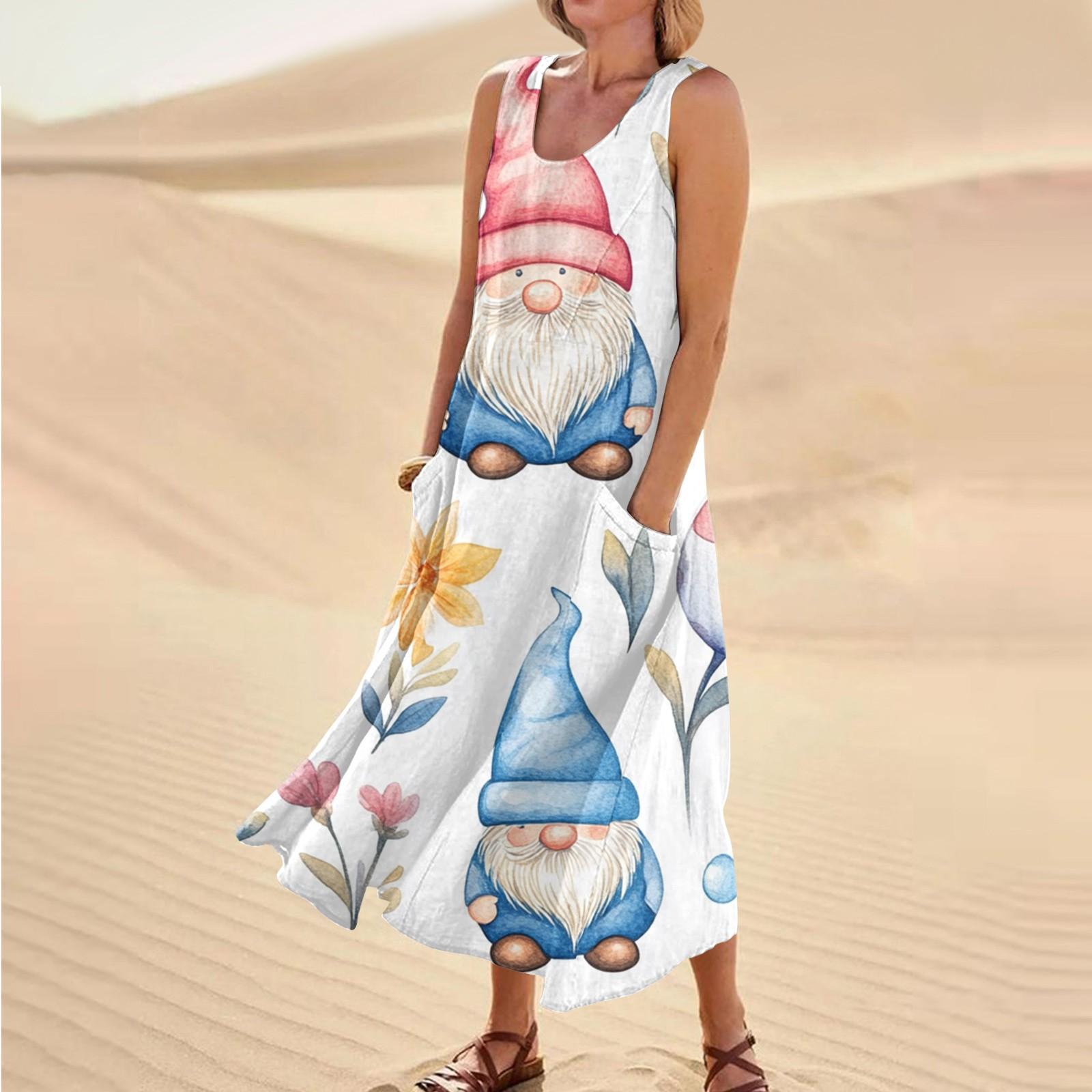 

Женское летнее повседневное модное пасхальное платье без рукавов с круглым вырезом и карманом XL арбуз красный