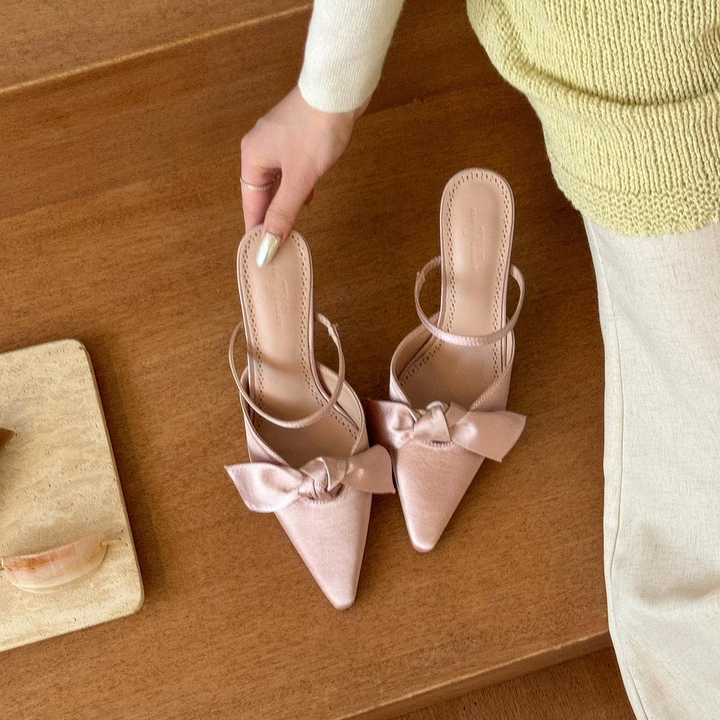 Premium White Moonlight! Satin White Pointed Bow Muller High Heels Women's Empty Sandals