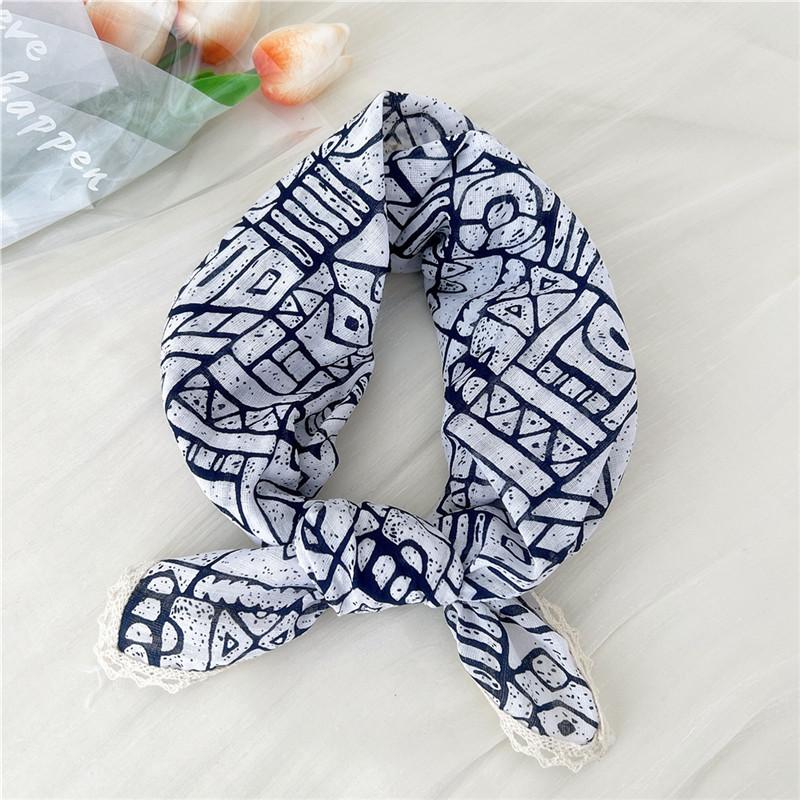 Cotton Linen Lace Edge Square Scarves 60cm Kerchief Neckerchief Bandanas Women Casual Neck Scarf Plaid Print Geometric Pattern