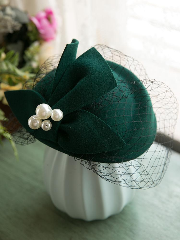 Französische Elegante Britische Vintage Netz-Barett Woll-Zylinderhut Hochzeitskleid Bankett Weiße Brautkopfbedeckung