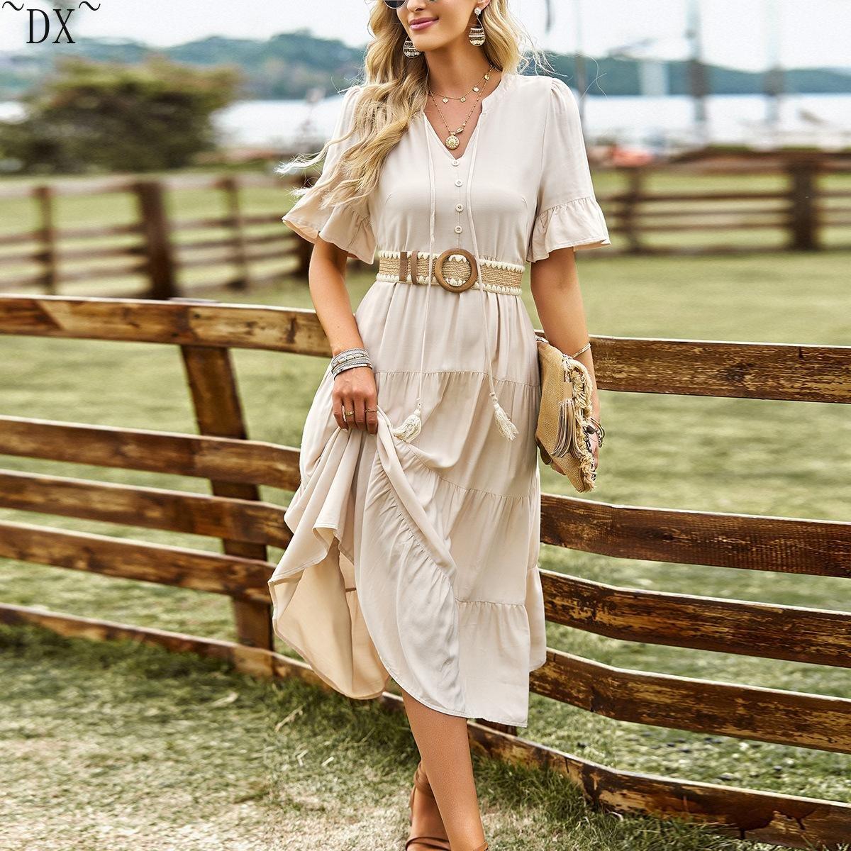 

DX~~ Создайте однотонное платье и непринужденное повседневное летнее платье с V-образным вырезом. XL абрикосовый