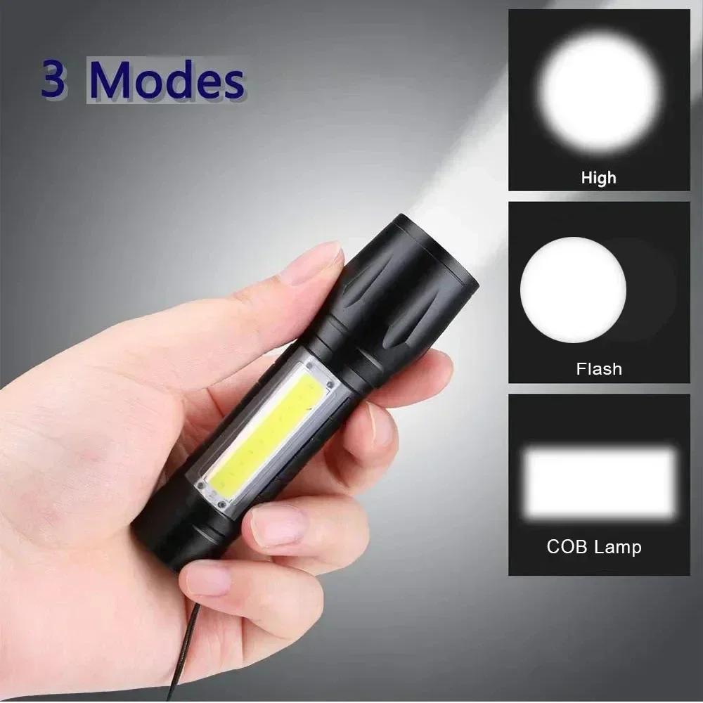 Mini LED Flashlight COB+XPE Portable Torch USB Charging Camping Lantern Zoomable Reading Light Tactical Flashlight with Pen Clip