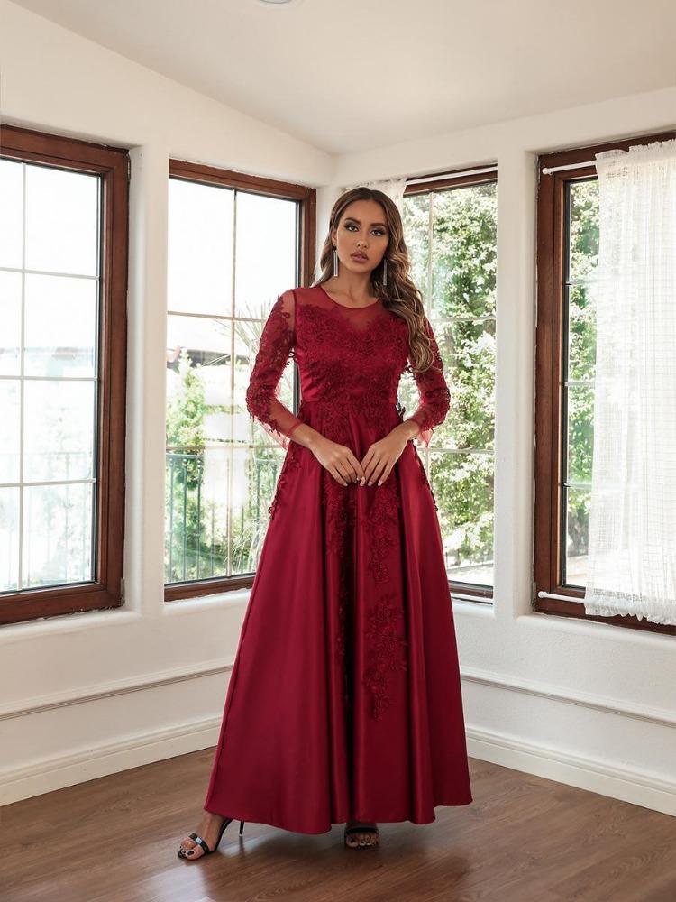 Elegante Abito da Sposa da Donna Paillettes Pizzo Scollo a V Maniche Lunghe Splendido per Damigelle d'Onore Feste Abiti da Ballo Lunghi
