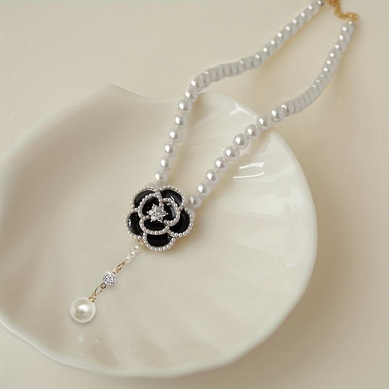 Rhinestone Pearl Camellia Necklace Sweater Chain
