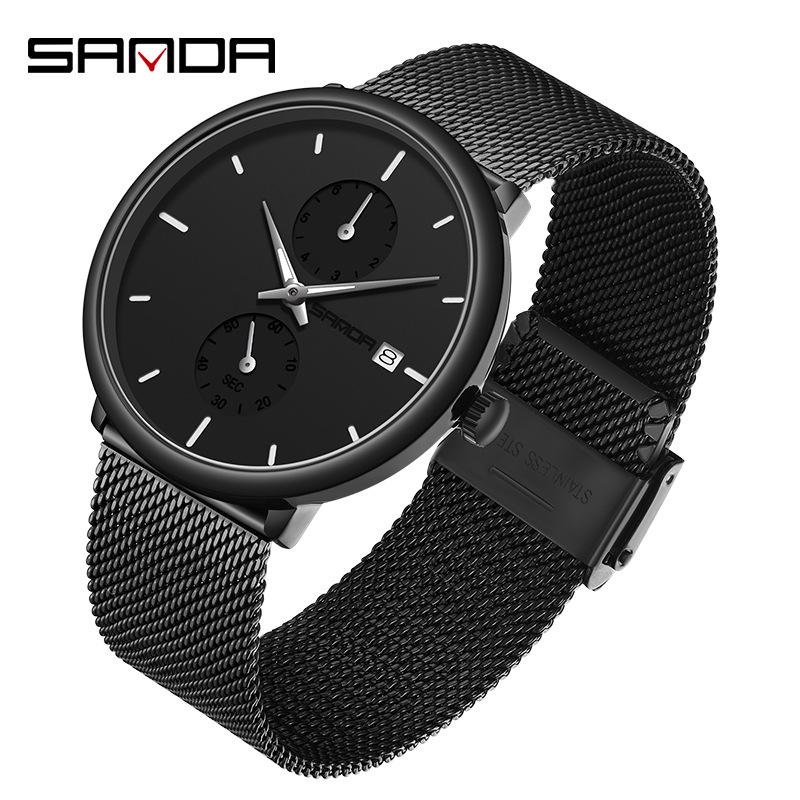 Sanda Men s Luminous Waterproof Leather & Mesh Strap Quartz Watch with Multifunctional Calendar