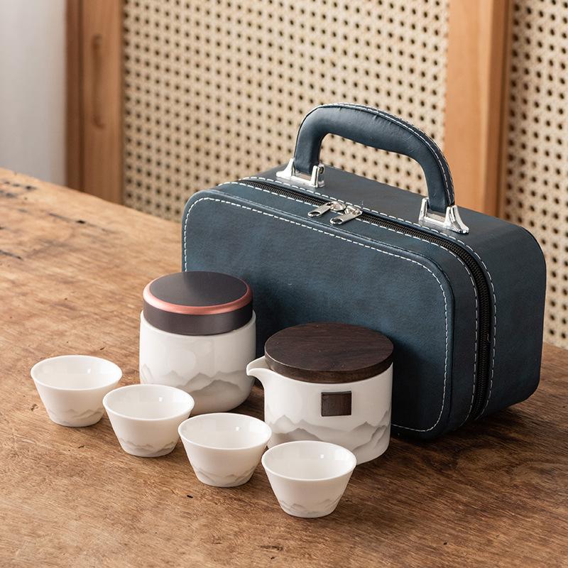 Guochao Travel Tea Set Portable Chinese Style Ink Painting Suet Jade White Porcelain Business Gifts Kuaike Cup