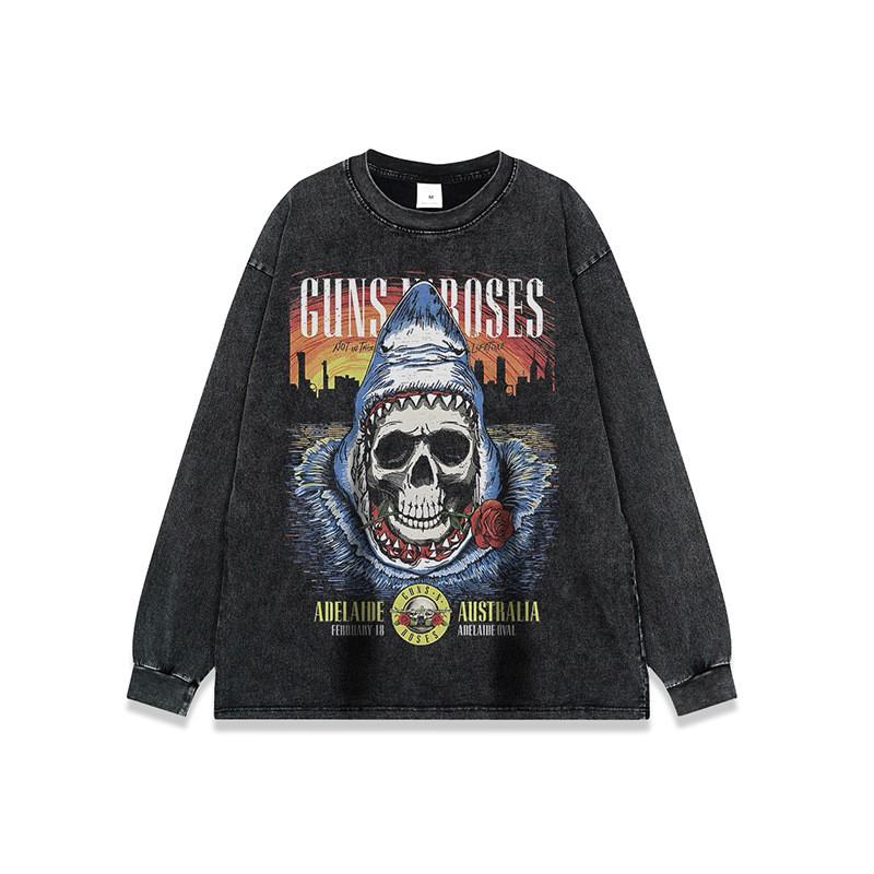 Oversized Vintage Rock Skull Print Cotton Tee Unisex Loose Fit Long Sleeve Streetwear
