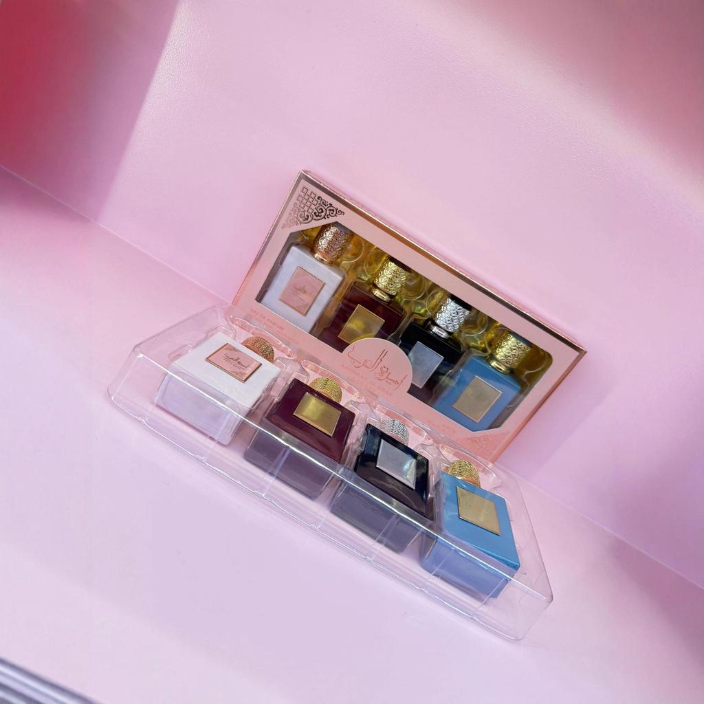 Flocked ARAB Four-Piece Perfume Gift Set: Long-Lasting Arabic Fragrances from Dubai.