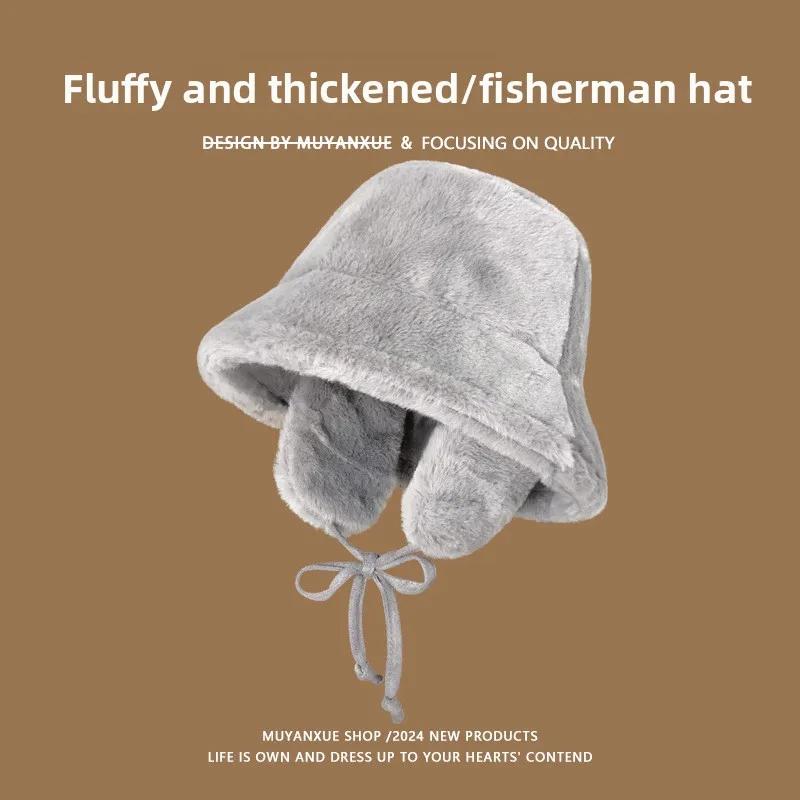 

Furry Ear Protector Bucket Hat Women Autumn Winter Fleece Thickened Warm Plush Riding Windproof Cold-proof Bomber Hat Durable серый