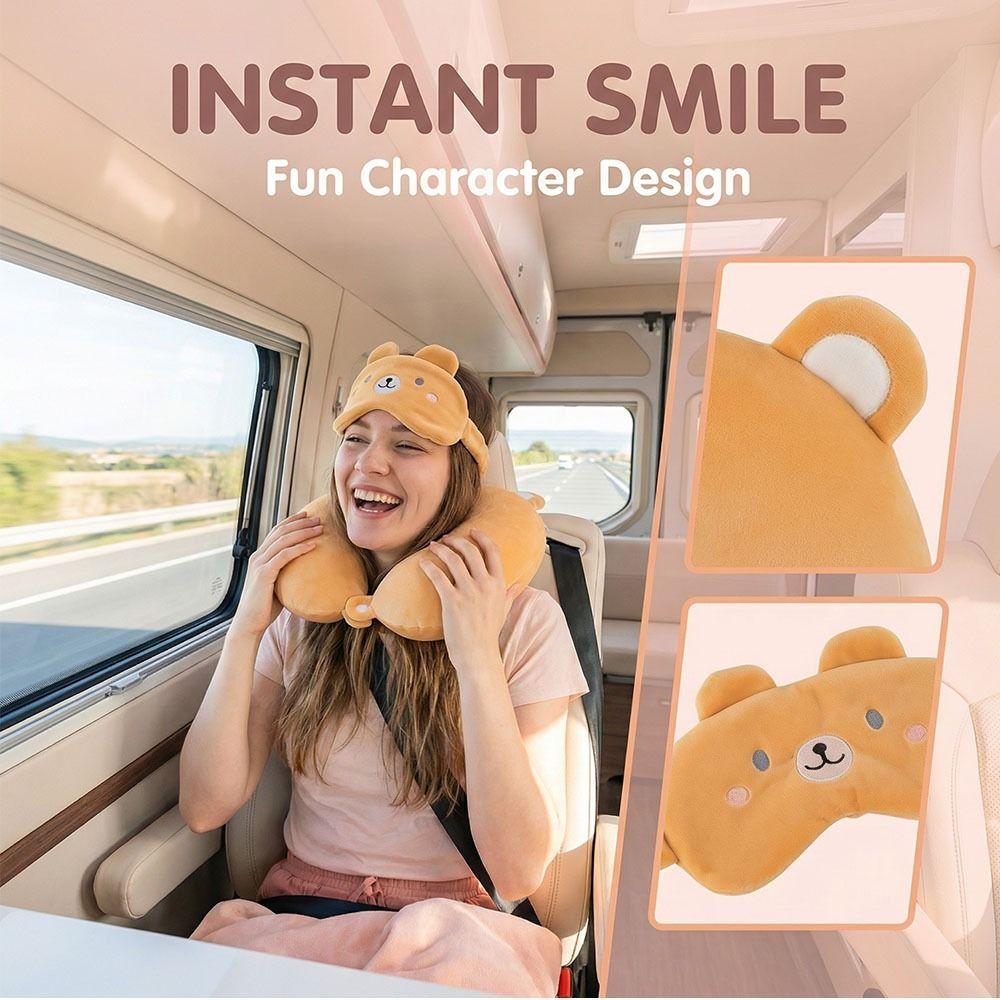 Portable Travel Neck Cushion Support Eye Mask Cartoon Animals Neck Support Pillow  Office Nap