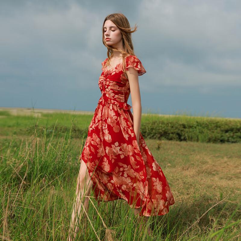 

Sancai 2025 Autumn French Style Ruffled Chiffon A-Line Long Dress M