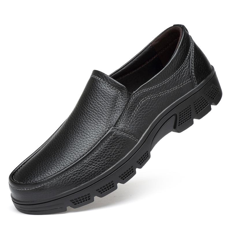 Men's Round Toe Cowhide Loafers - Slip-On, Thick Sole, Breathable, Low Heel Casual Shoes