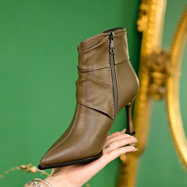 Pointed short boots women's 2025 new autumn and winter boots pleated piled boots niche women's boots thin boots thin heels high heels
