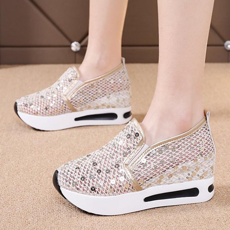 Fashion 2025 Elegant Bling Mesh Sports Shoes Women Fashion Plus Size Platform Sneakers Woman Slip On Soft Insole Vulcanize Shoes Female