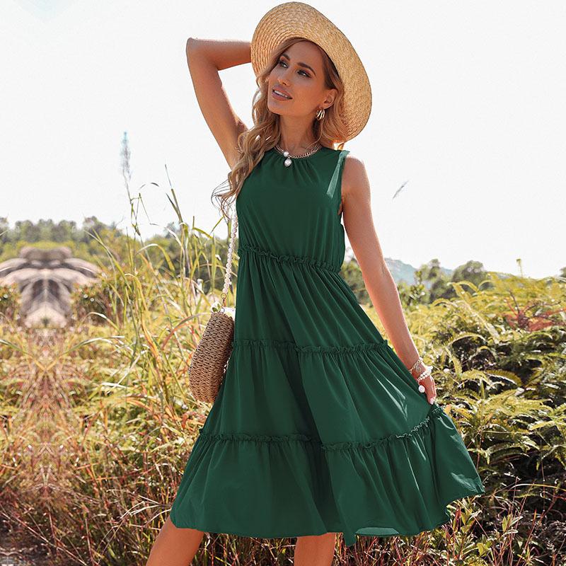 

New summer fungus edge European and American women s clothing solid color sleeveless vest cascade dress XL темно-зелений колір