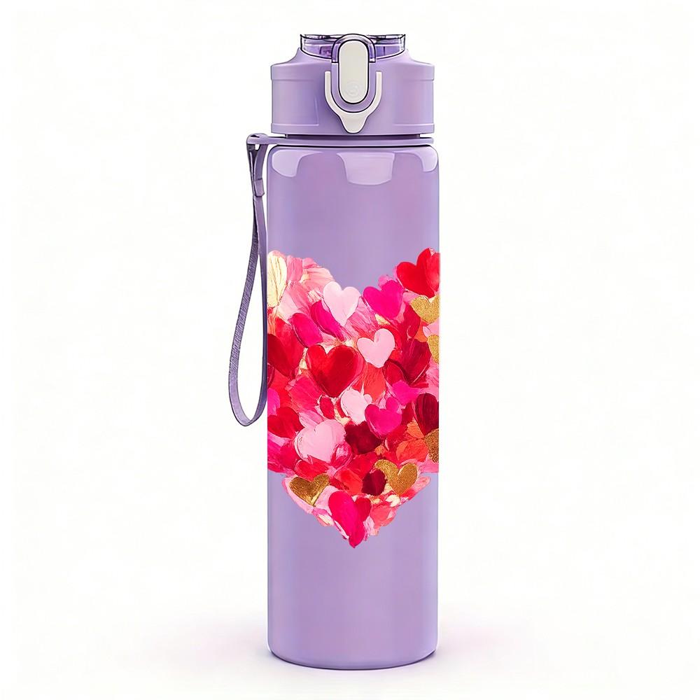 1PC Red Glitter Heart Love Art Print 750ml Color Plastic Sports Water Bottle Leakproof Flip Straw Lid Suitable for Sports Office Home Use