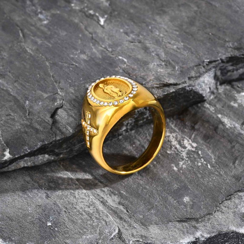Virgin Mary Stamp Ring for Men,Gold Color Stainless Steel Cross Zircon Ring,Chunky Thumb Ring Gift
