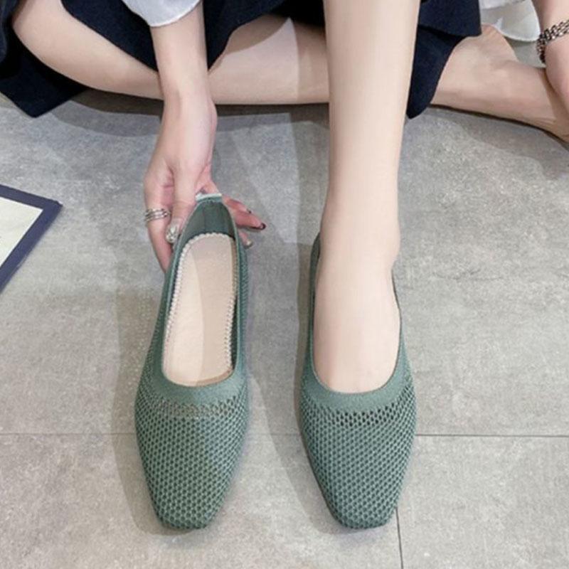 WTEMPO Soft Sole Single Shoes Women's Spring and Summer Square Toe Mesh Low Square Heel Solid Color Knitted Hollow Breathable Non-slip Woven Shoes