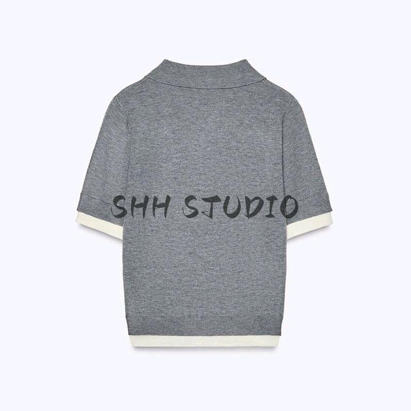 Spring New Women's Clothing Isn Style Knitting Patchwork Polo Shirt Collar Short Sleeve Casual Small Top 3581004