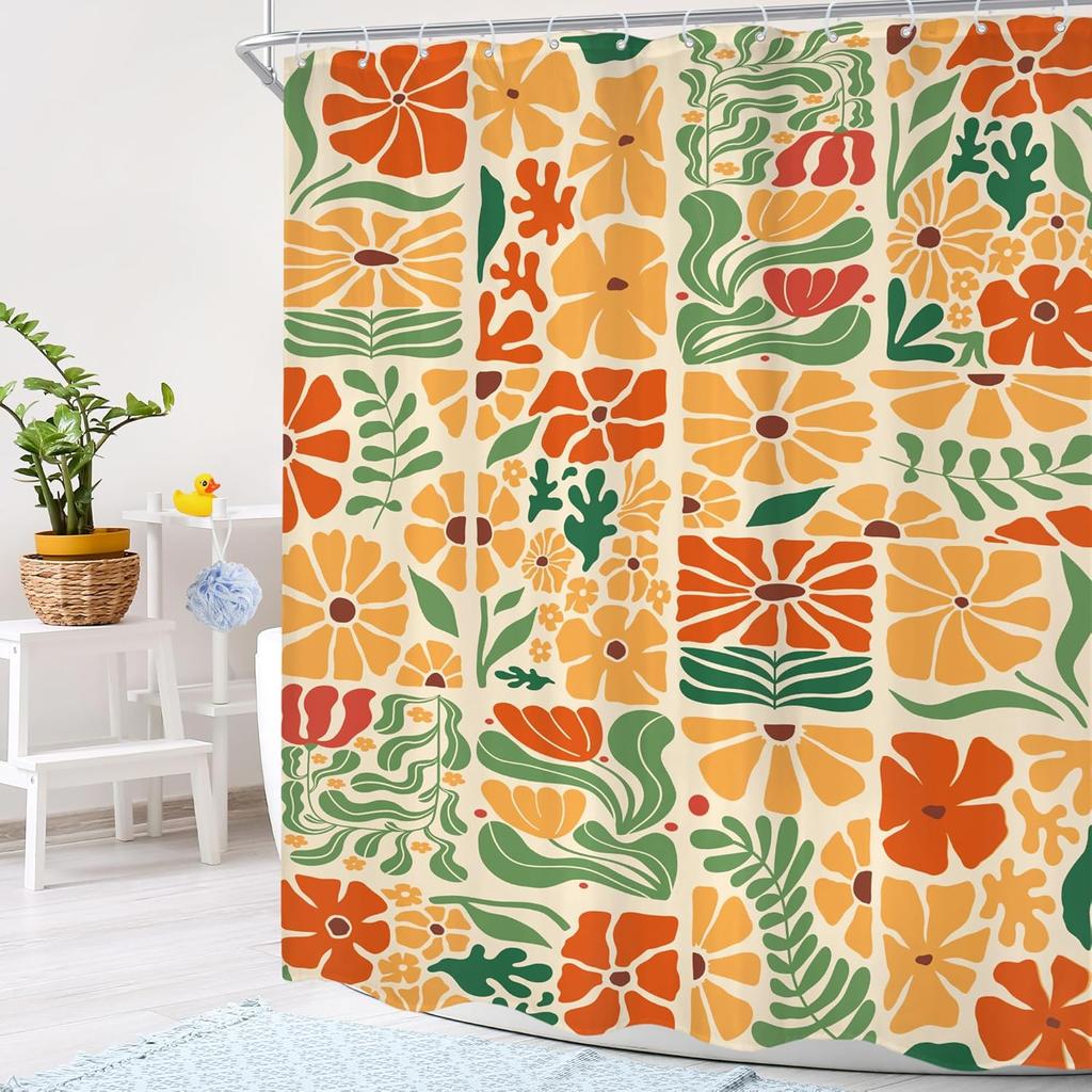 Colorful Floral Shower Curtain Vintage Inspired Design Orange Yellow Green Leaves Pattern Bathroom Decoration Trendy Boho
