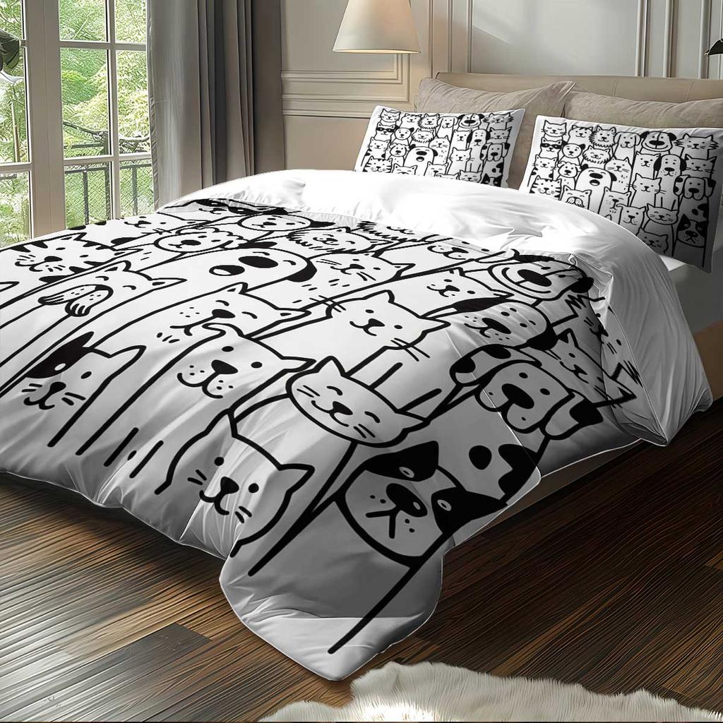 3pcs Duvet Cover Set King Size, Cartoon Black and White Cat and Dog Pattern Print, and Bedding Set for Bedroom,Hotel