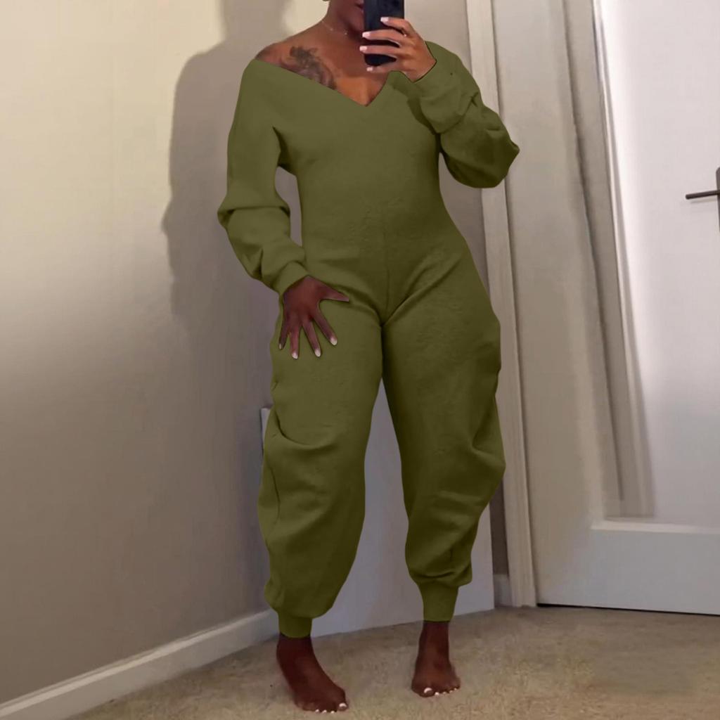 Women's Solid Color Jumpsuit Flared Pants Tight V-neck Sexy Long Sleeved Jumpsuit