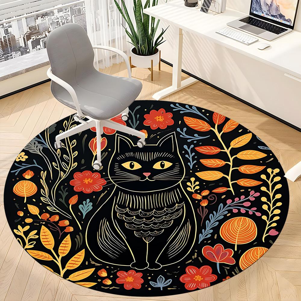 1pc Cat Flowers Office Round Area Rug, Under Office Chairs Bedroom Living Room Home Decor, Room Deco