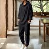 Men's Linen Hooded Two-Piece Set: Half-Zip Long Sleeve Shirt and Jogger Pants for Beach Vacation