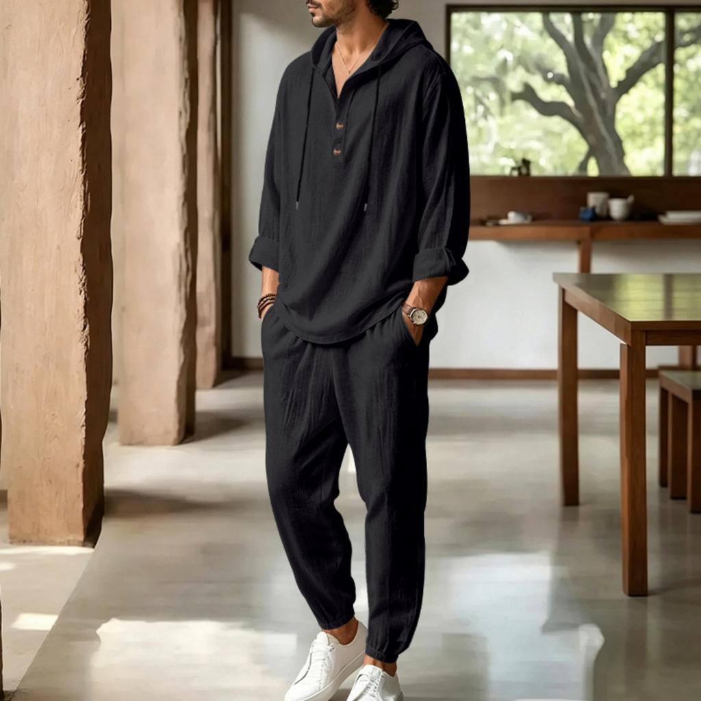 Men's Linen Hooded Two-Piece Set: Half-Zip Long Sleeve Shirt and Jogger Pants for Beach Vacation