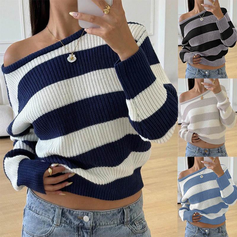 Autumn Winter New Fashion Casual Loose Shoulder Stripe Color Block Knit Sweater
