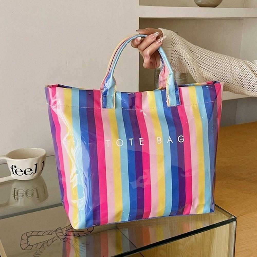 Large Capacity Striped Tote Bag Colorful Shoulder Bag Multi-Functional PVC Handbag Daily