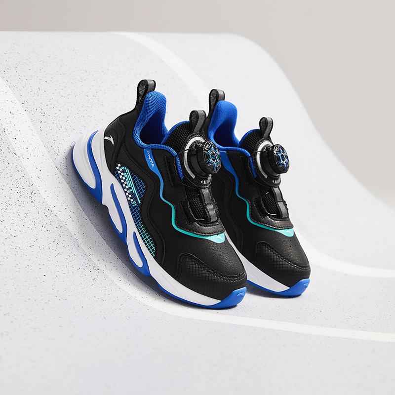 Anta Kids Synthetic Leather Trendy Versatile Lightweight Shock Absorbing Low Top Running Shoes Kids Sneaker Black Blue A12439919N-2