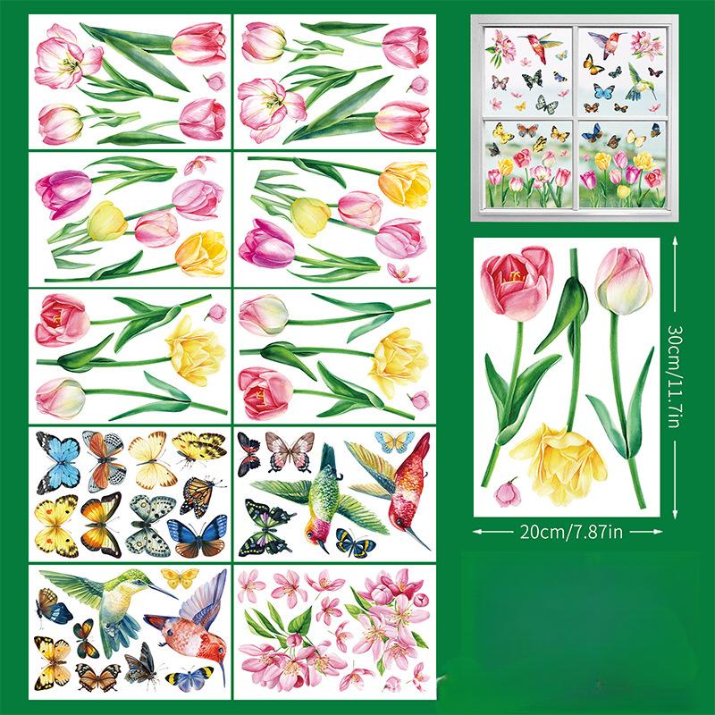 Акварельный тюльпан маленькие цветы бабочка электростатическая наклейка на окно двусторонняя печать весеннее стекло CJ23012