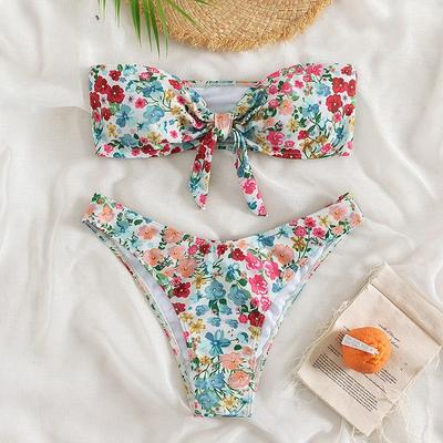 Floral Print Bandeau Bikini Set Off Shoulder Push Up Swimsuit Women Tube Top Bikinis Knot Swimwear 2025 Sexy Summer Bathing Suit