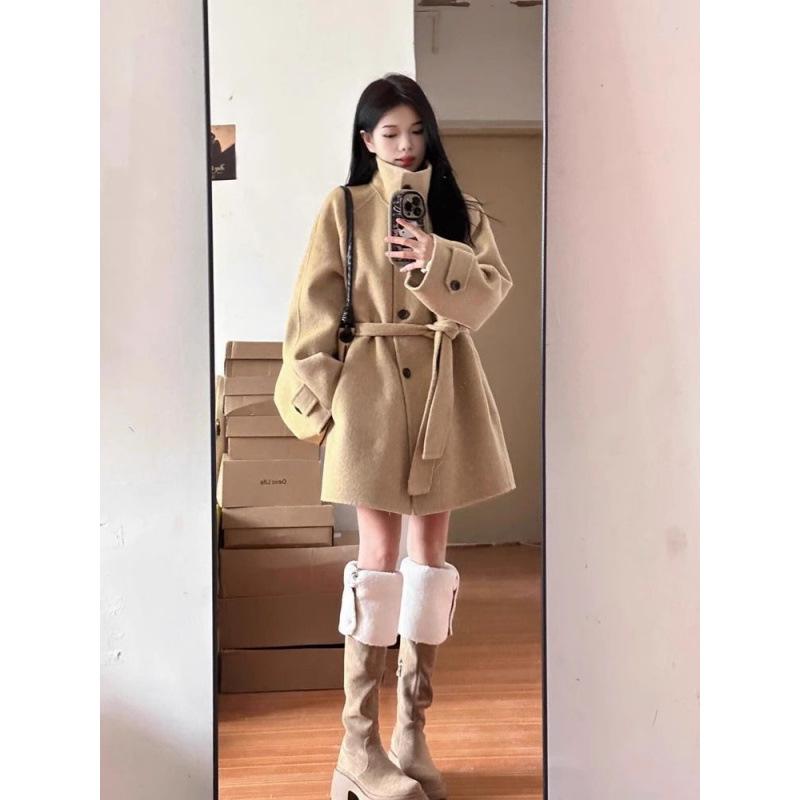 Women's Khaki Wool Coat - Autumn/Winter 2025, High-End Korean Style, Petite & Plus Size.