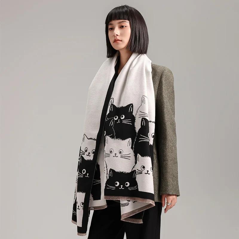 New Fashion Brand Cute Cat Ladies' Jacquard Pashmina Cashmere Scarf Winter Thick Warmth Shawl Coldproof Windproof Blanket Scarf