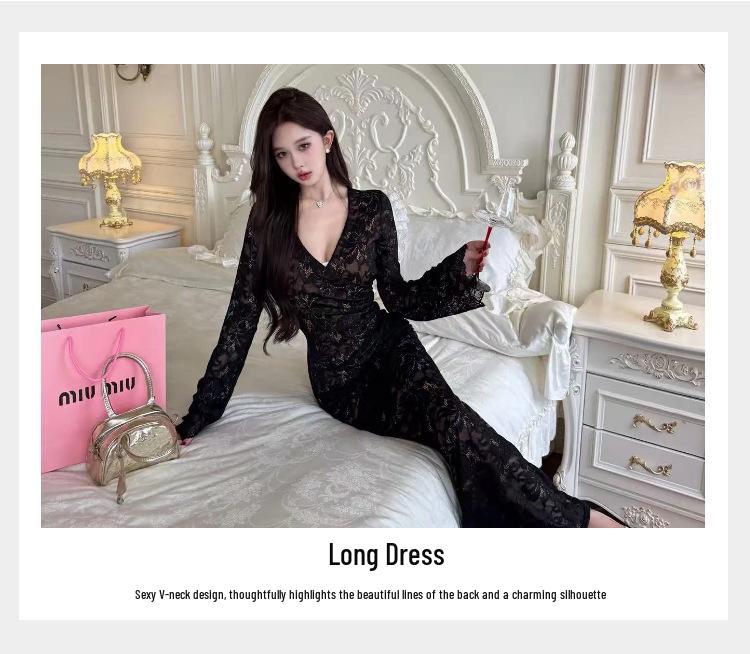 Lace Splice Deep V-Neck Mermaid Long Dress